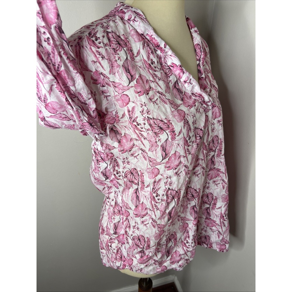 120% LINO Pink‎ White Floral Longsleeve Linen Tunic Shirt Sz 42 - Picture 5 of 9